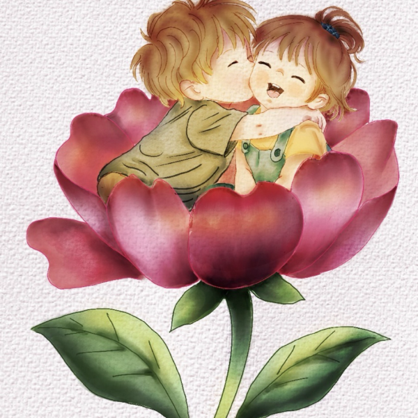 Deux enfants se faisant un bisou au cœur d’une grande fleur rose