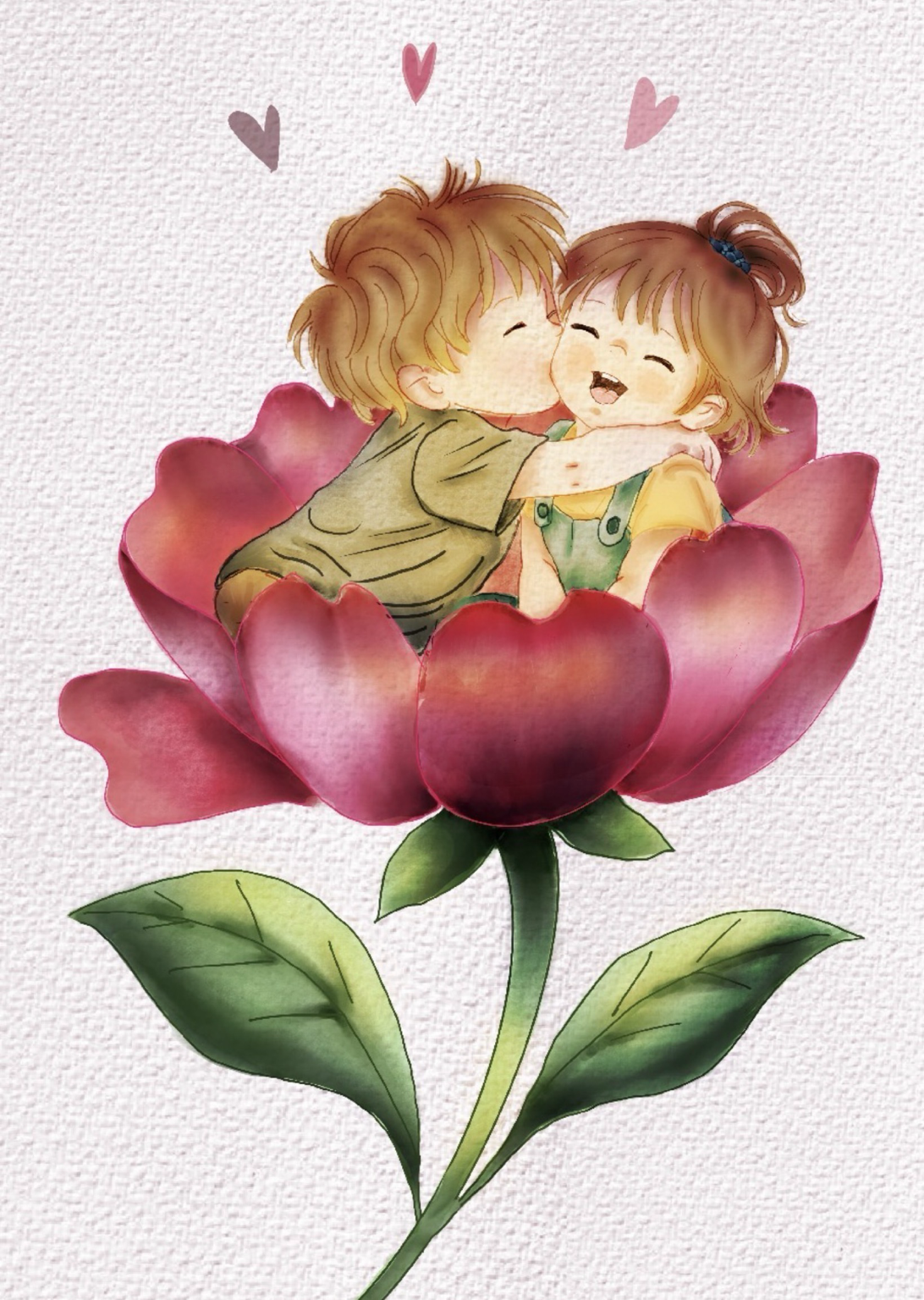 Deux enfants se faisant un bisou au cœur d’une grande fleur rose