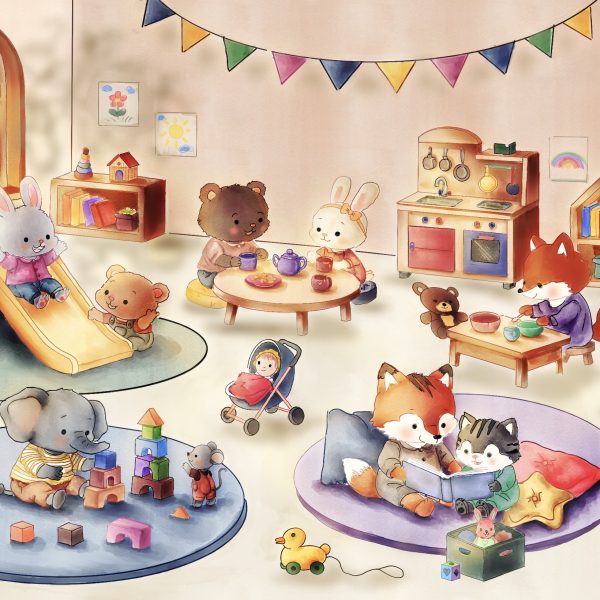 Petits animaux à la crèche : jeux, lecture et goûter dans une salle lumineuse