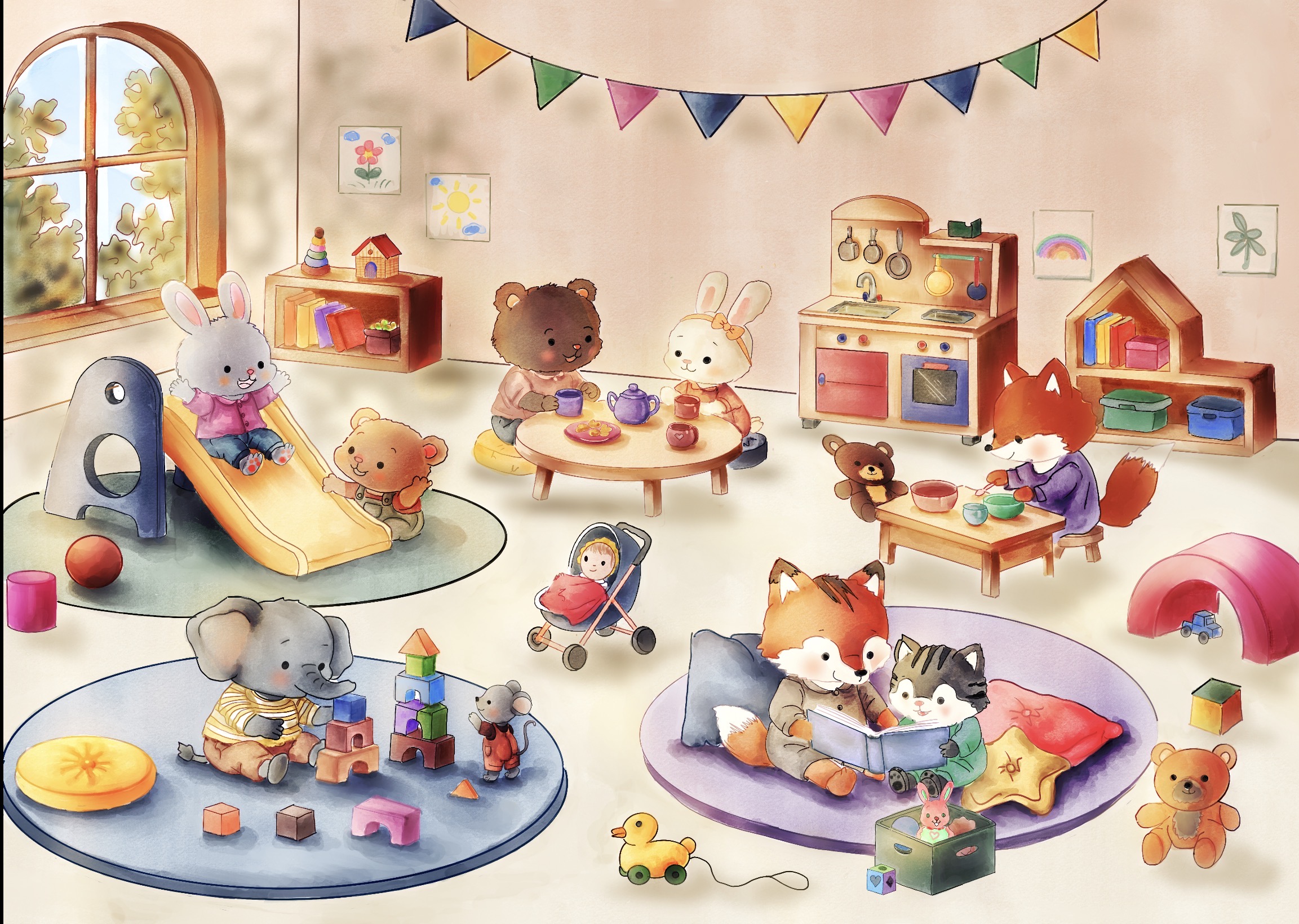 Petits animaux à la crèche : jeux, lecture et goûter dans une salle lumineuse