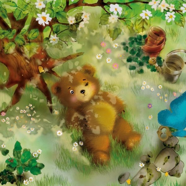 Ourson dans un jardin fleuri près d’un arbre – affiche illustrée
