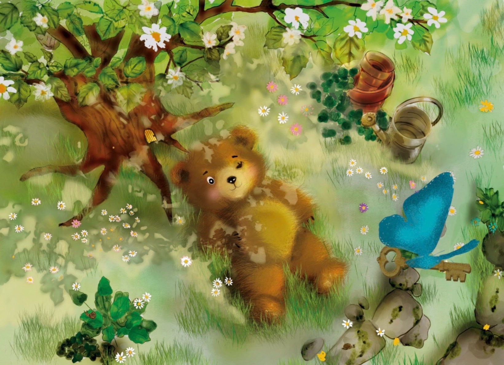 Ourson dans un jardin fleuri près d’un arbre – affiche illustrée