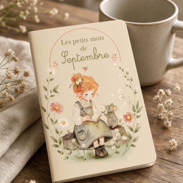 Carnet Les petits mots de Septembre près d’une tasse, couverture illustrée d’une fillette et d’une souris