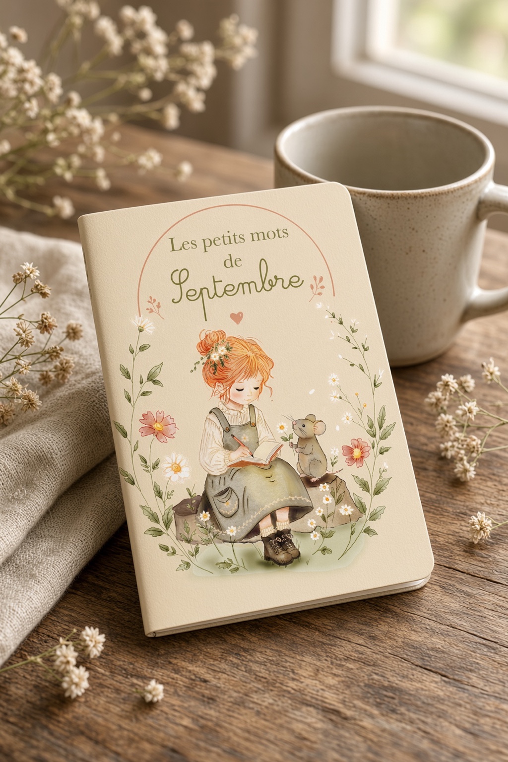 Carnet Les petits mots de Septembre près d’une tasse, couverture illustrée d’une fillette et d’une souris