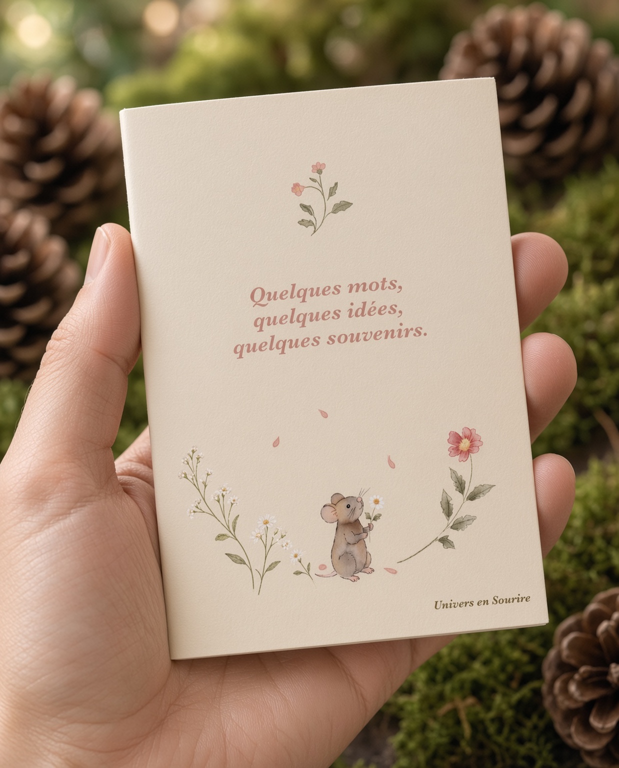 Dos du carnet Les petits mots de Septembre tenu en main, décoré d’une souris et de fleurs