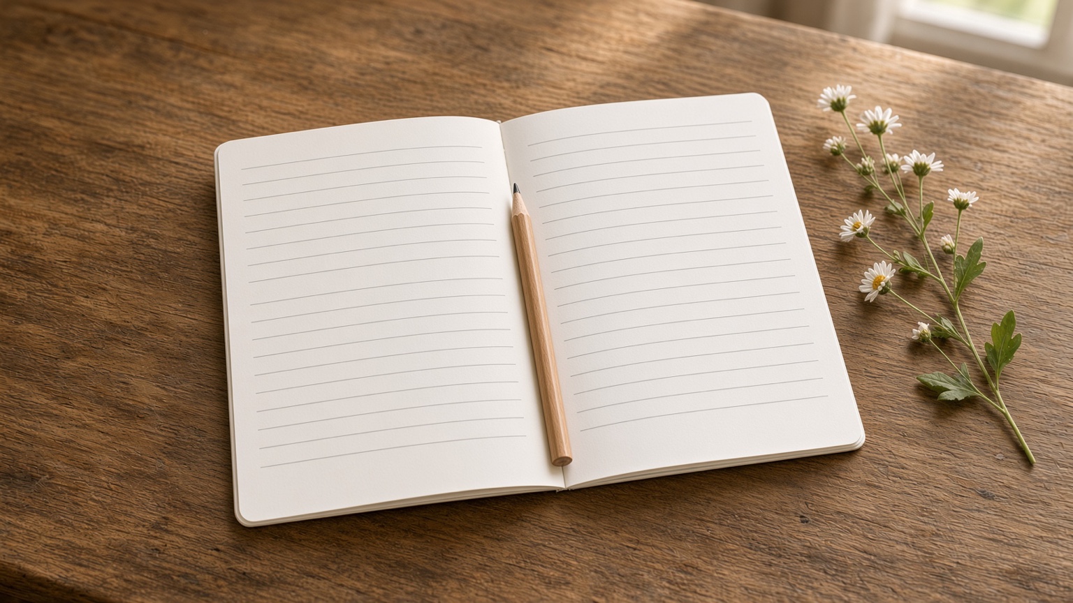 Carnet A6 ouvert sur ses pages lignées, posé avec un crayon sur une table en bois