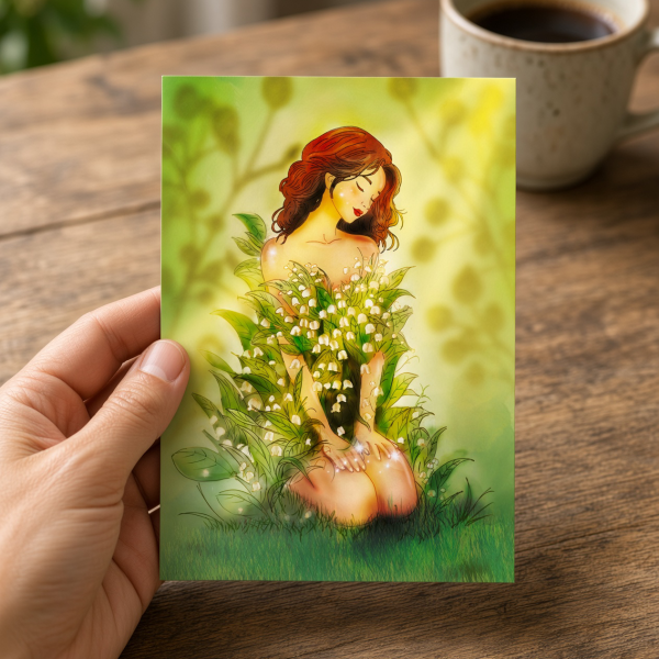 Carte illustrée représentant une femme entourée de muguet