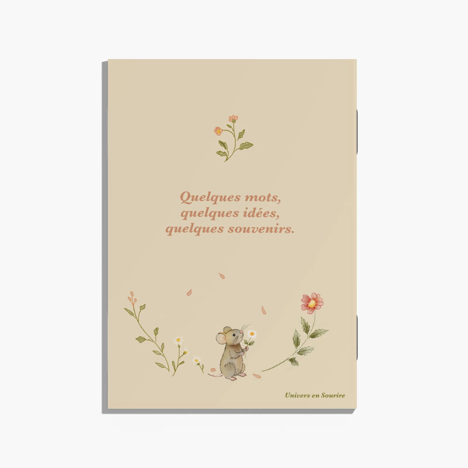 Dos du carnet Les petits mots de Septembre avec une souris, des fleurs et la signature Univers en Sourire