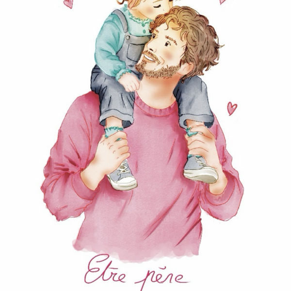 Père portant sa fille sur ses épaules dans une illustration tendre