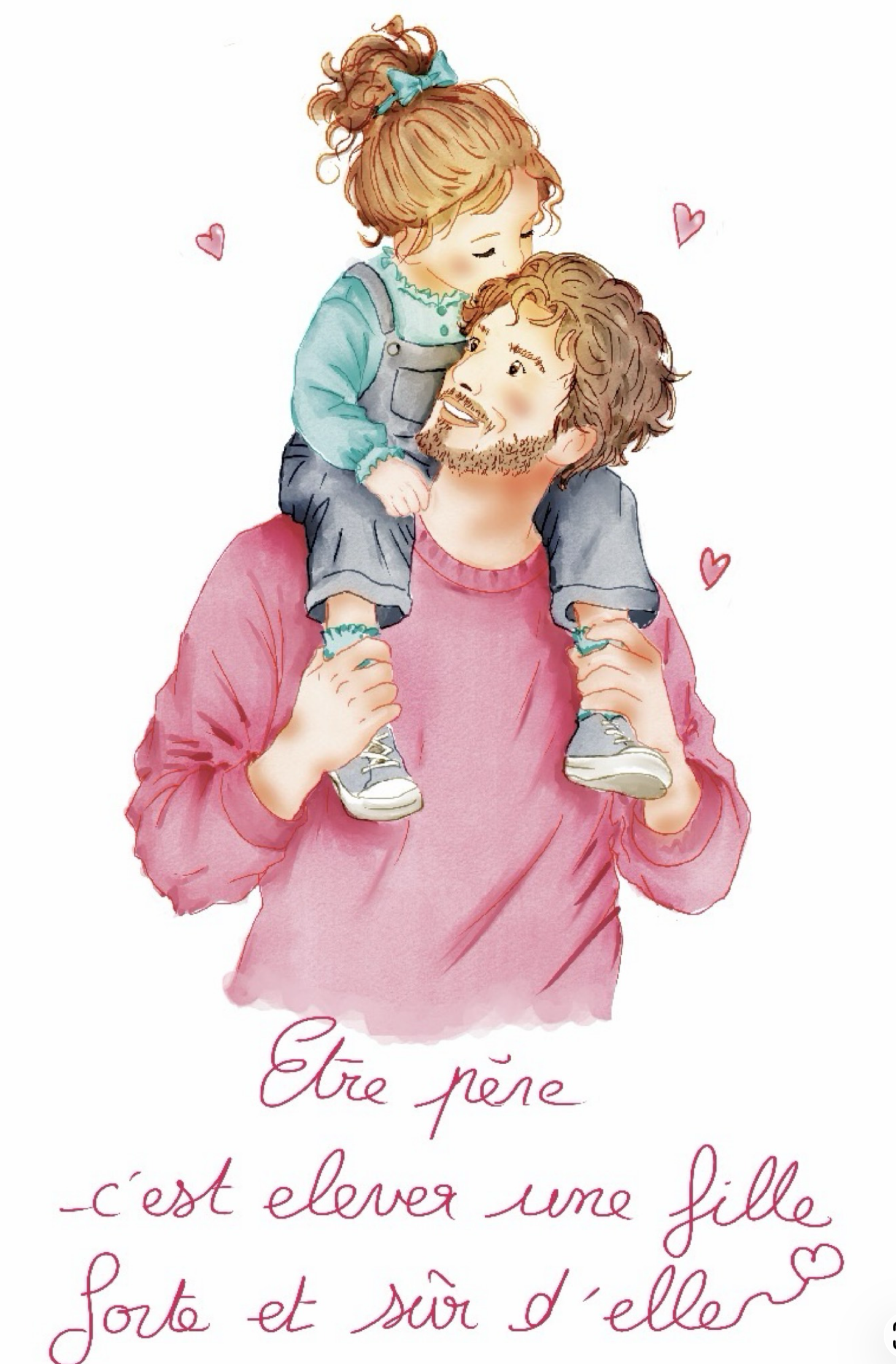 Père portant sa fille sur ses épaules dans une illustration tendre