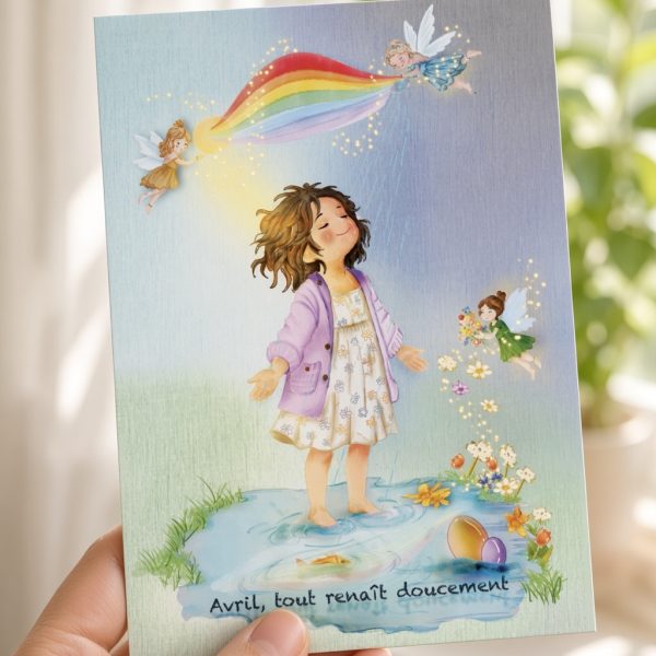 Jeune femme dans une flaque entourée de fées, de fleurs et d’un arc-en-ciel