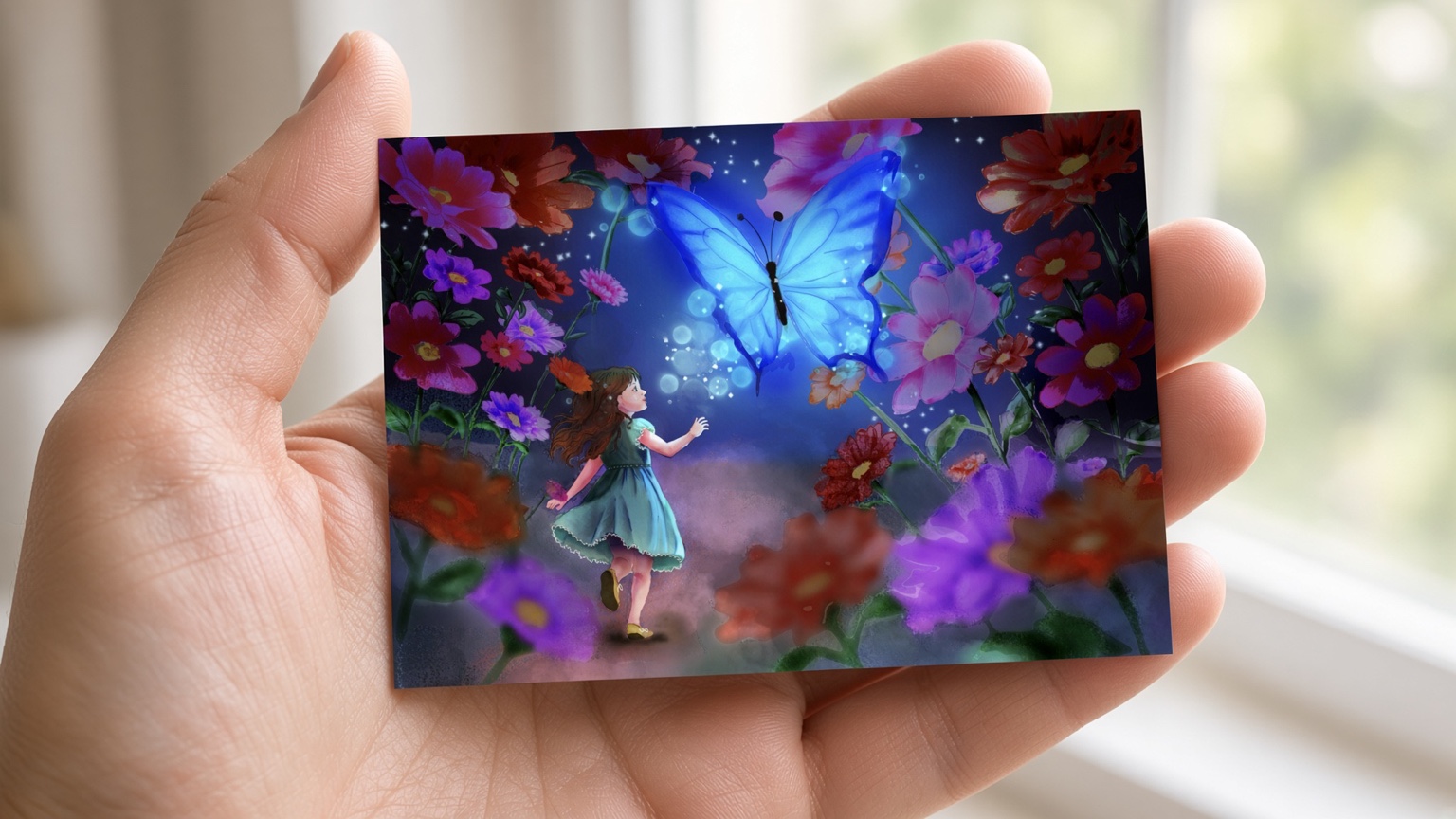 Jeune fille découvrant un immense papillon bleu lumineux parmi les fleurs