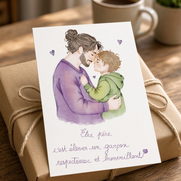 Père et fils enlacés dans une illustration à l’aquarelle