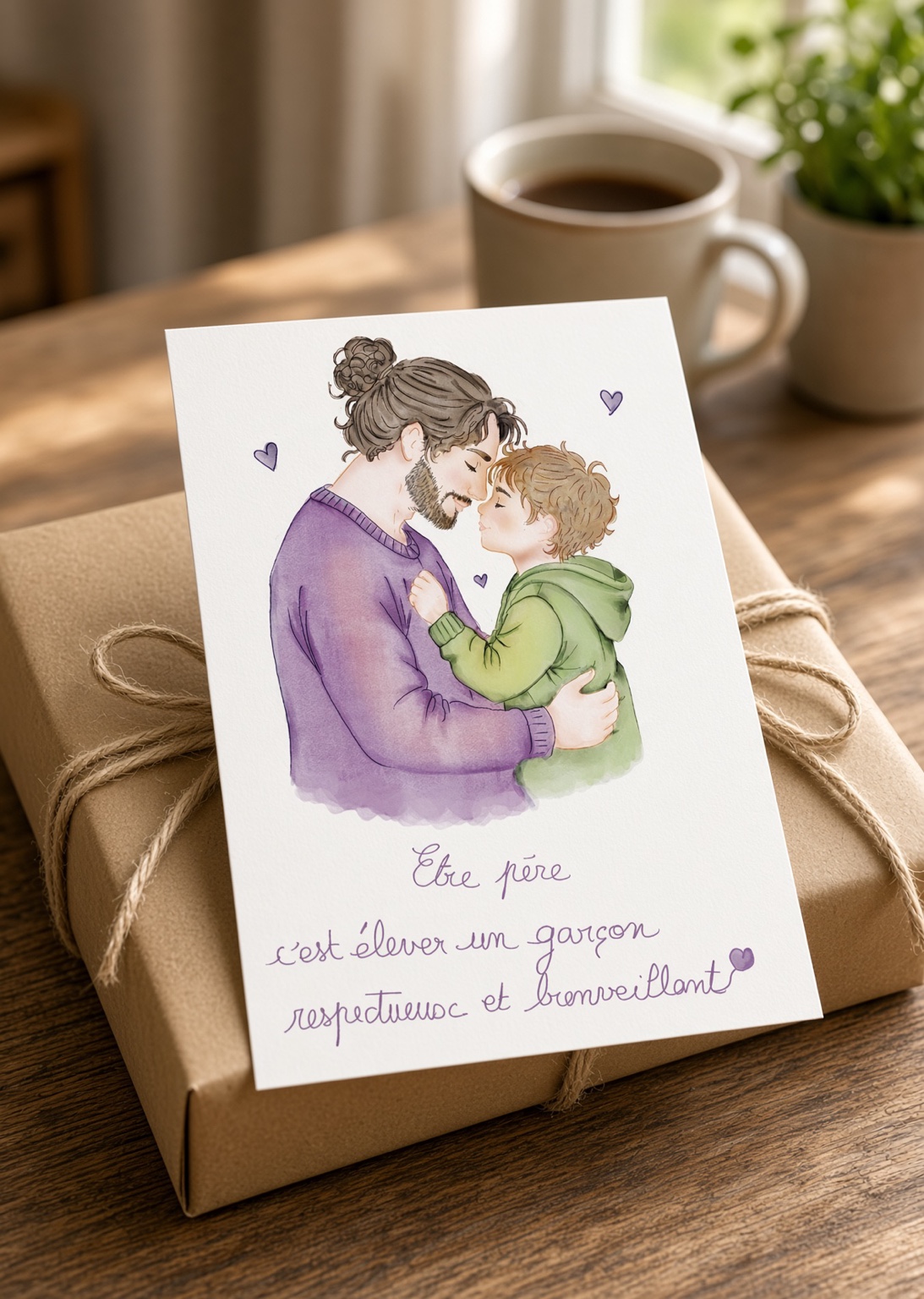 Père et fils enlacés dans une illustration à l’aquarelle