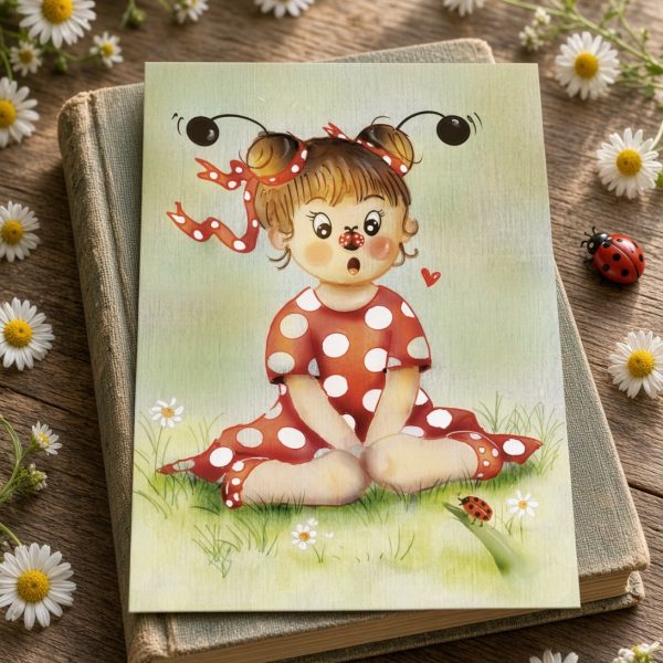 Petite fille déguisée en coccinelle assise parmi les pâquerettes