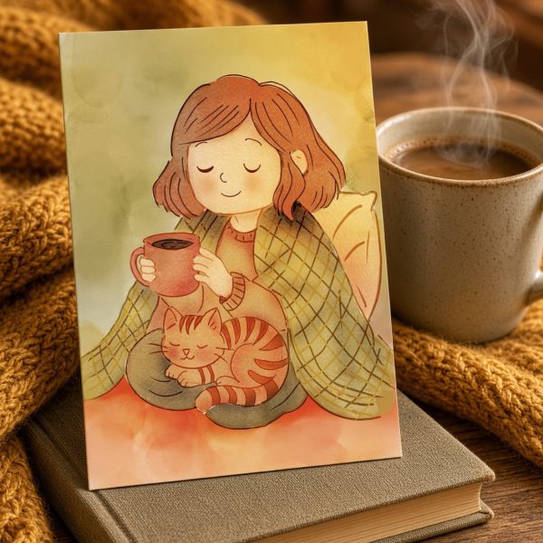 Femme sous une couverture avec une tasse chaude et un chat endormi