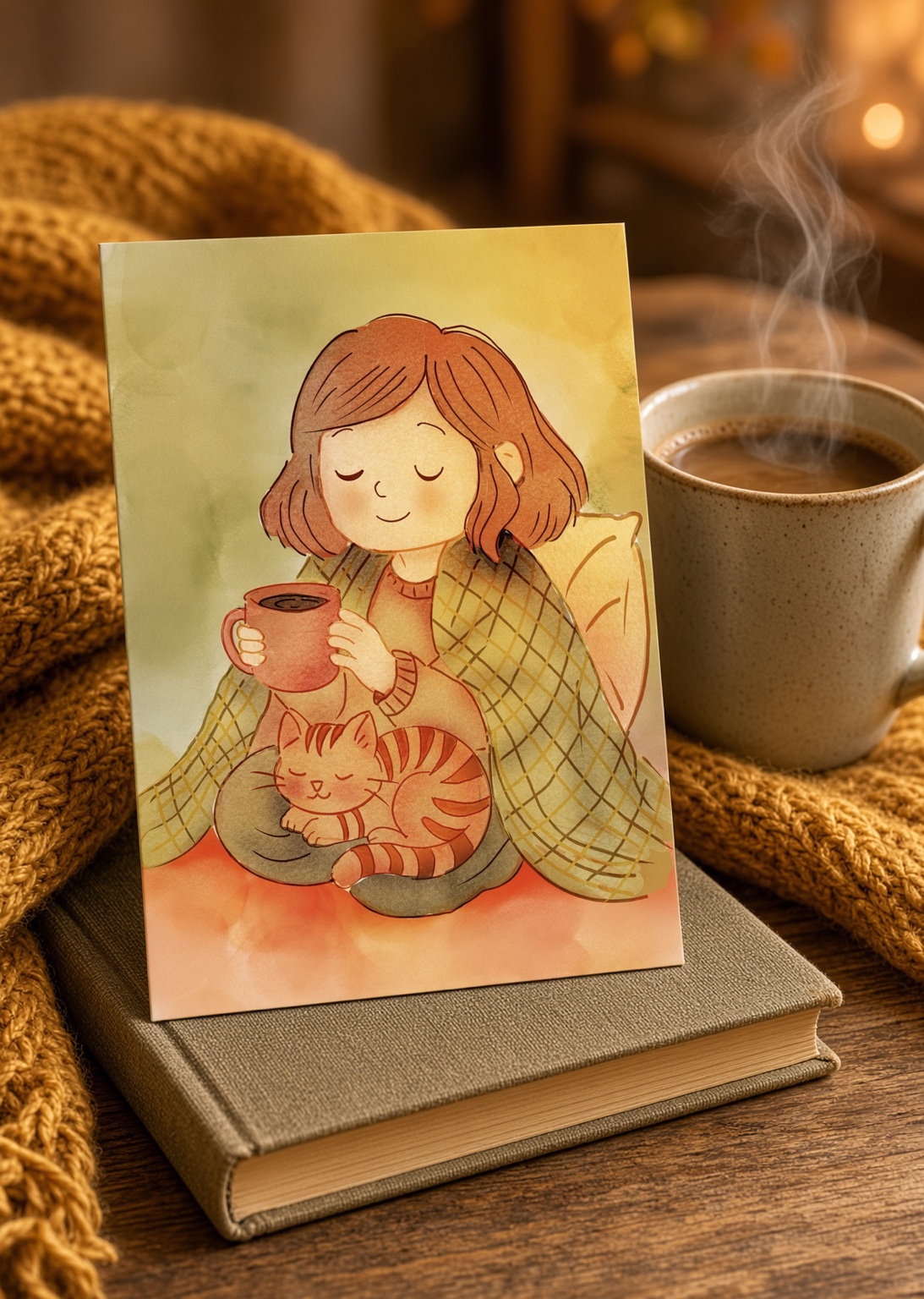 Femme sous une couverture avec une tasse chaude et un chat endormi