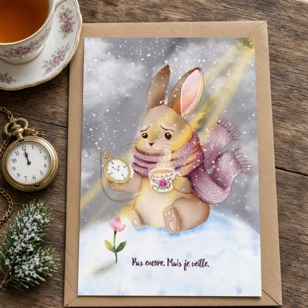 Lapin emmitouflé tenant une montre et une tasse sous la neige