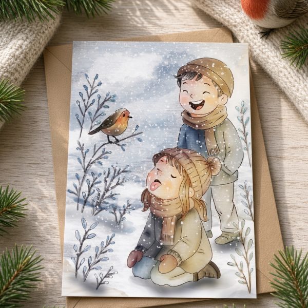 Deux enfants riant sous la neige avec un rouge-gorge