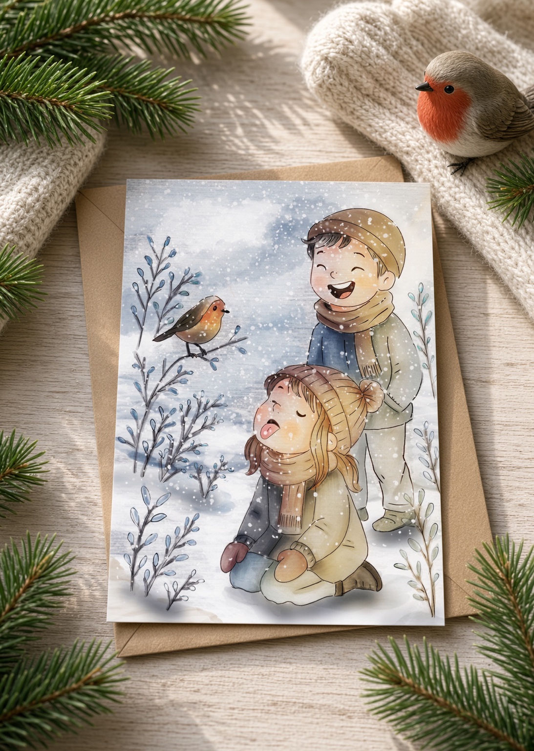 Deux enfants riant sous la neige avec un rouge-gorge