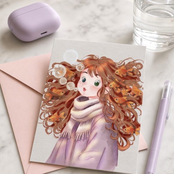 Jeune fille aux cheveux entourés de petits poissons orange