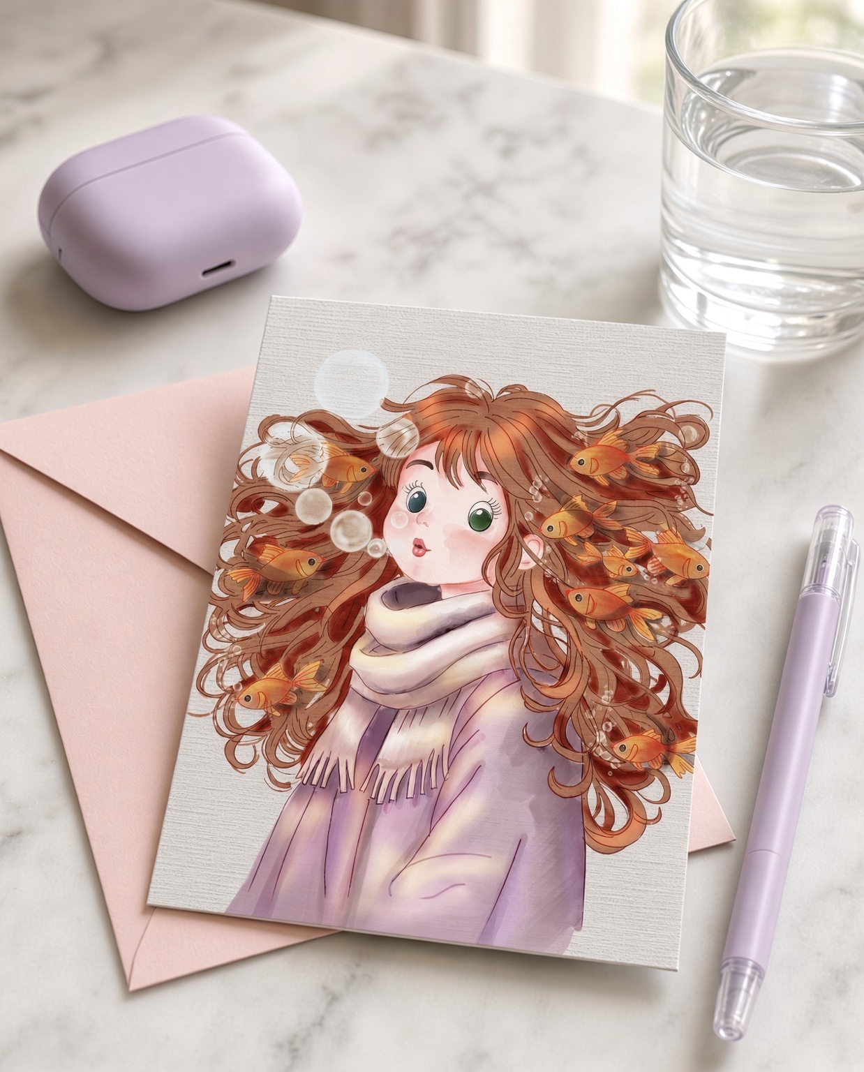 Jeune fille aux cheveux entourés de petits poissons orange