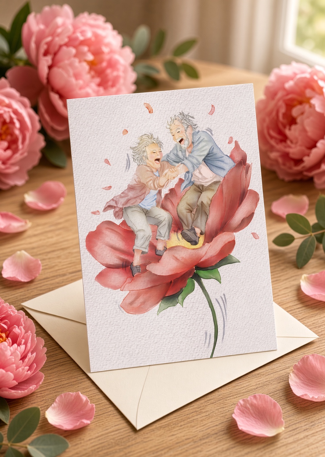 Couple âgé riant ensemble assis sur une grande fleur rose