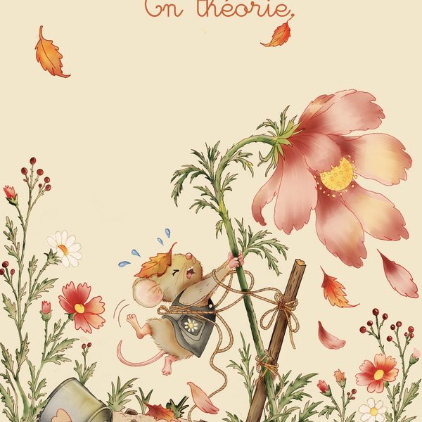 Miette la petite souris accrochée à une grande fleur dans un jardin d’automne