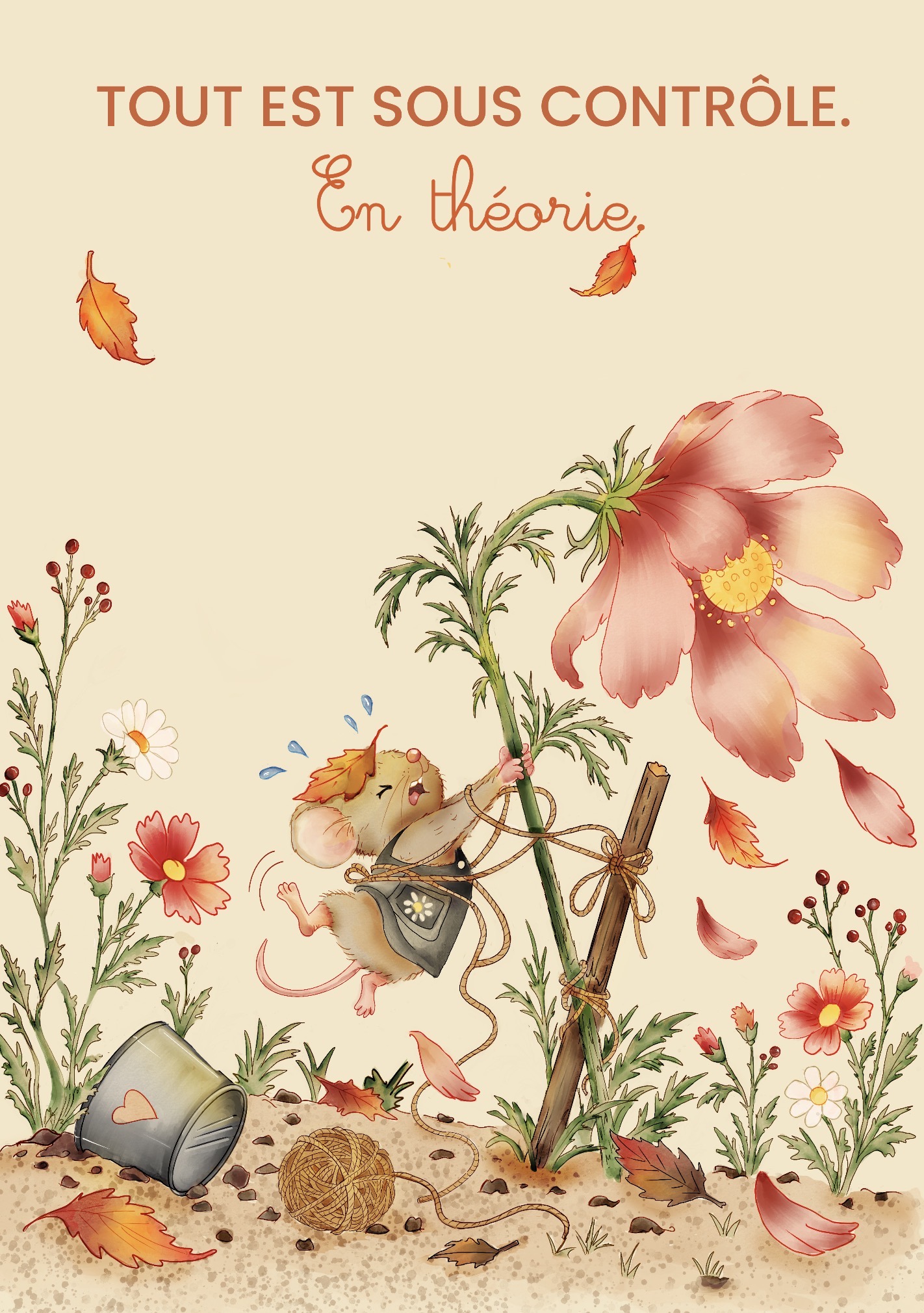 Miette la petite souris accrochée à une grande fleur dans un jardin d’automne