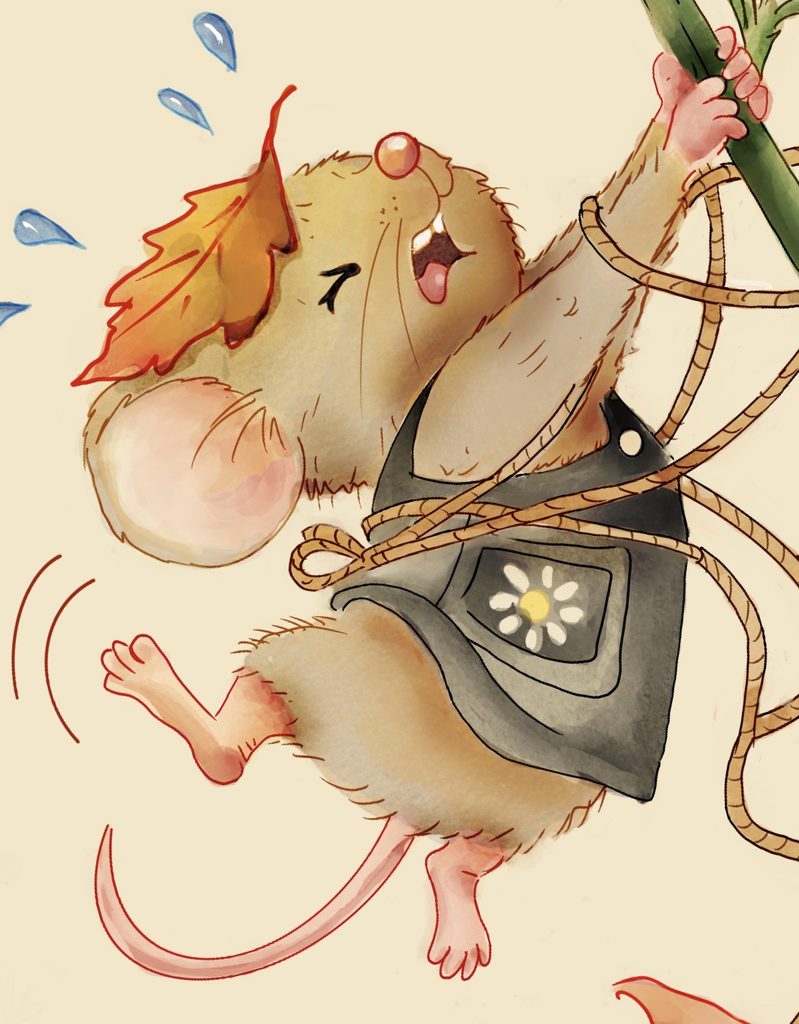 Détail de Miette accrochée à une grande fleur dans l’illustration de septembre