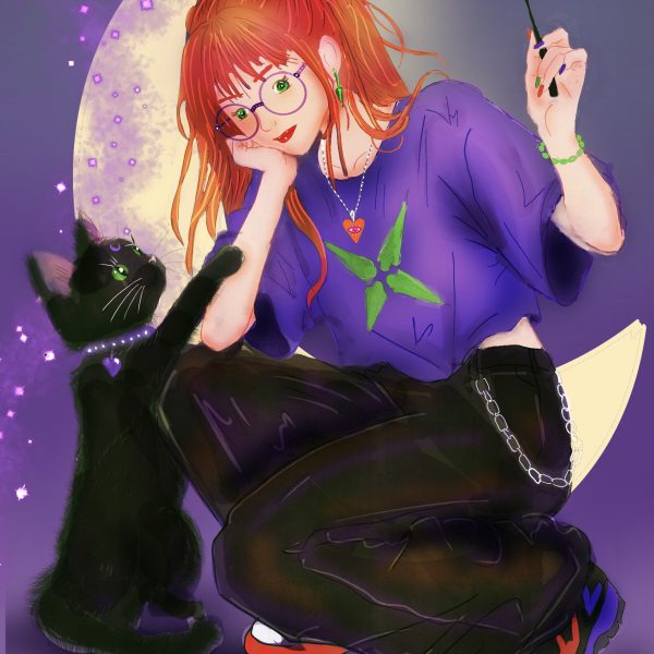Jeune magicienne rousse avec son chat noir sous une lune étoilée