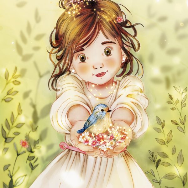 Jeune fille tenant un petit oiseau et des fleurs dans ses mains