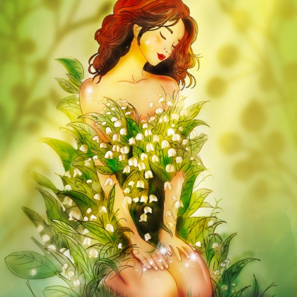 Femme assise au milieu d’un tapis de muguet lumineux