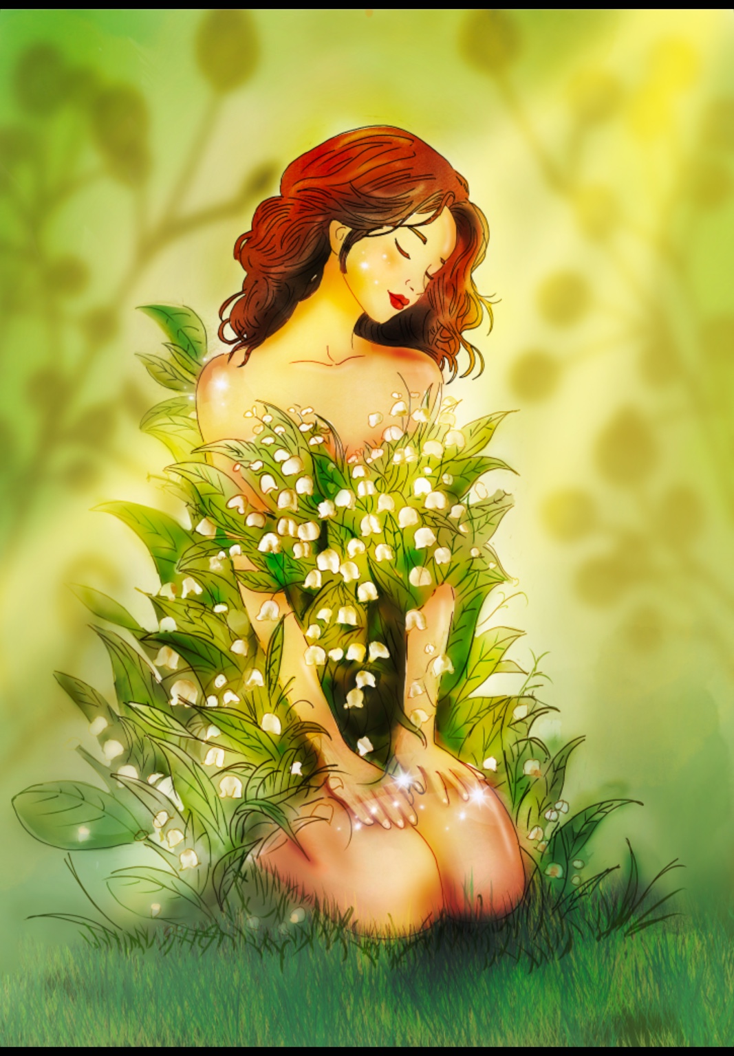 Femme assise au milieu d’un tapis de muguet lumineux
