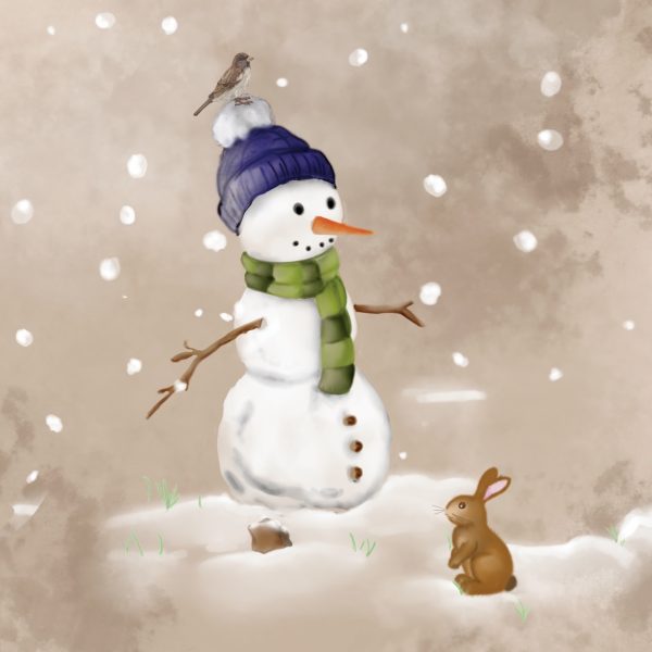 Bonhomme de neige au bonnet violet, petit lapin et oiseau sous la neige