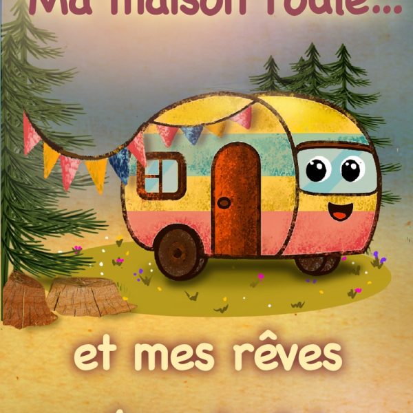 Petite caravane souriante dans un paysage de pins avec guirlande colorée