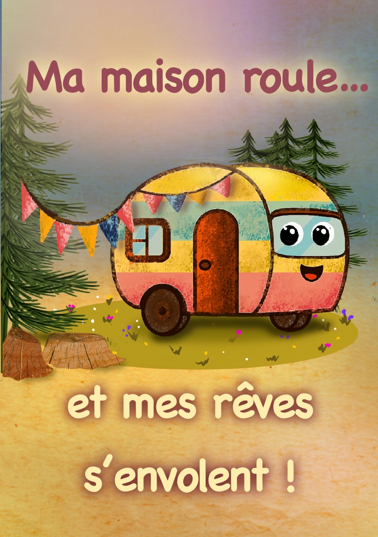 Petite caravane souriante dans un paysage de pins avec guirlande colorée