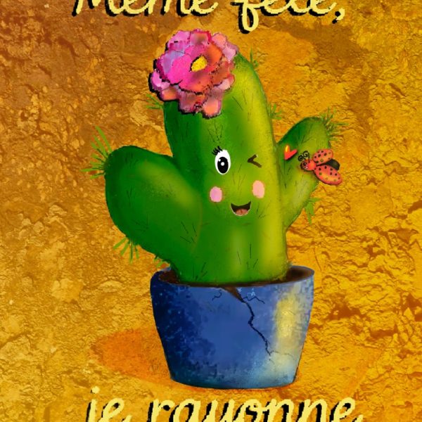 Cactus souriant dans un pot bleu fissuré, avec fleur et coccinelle