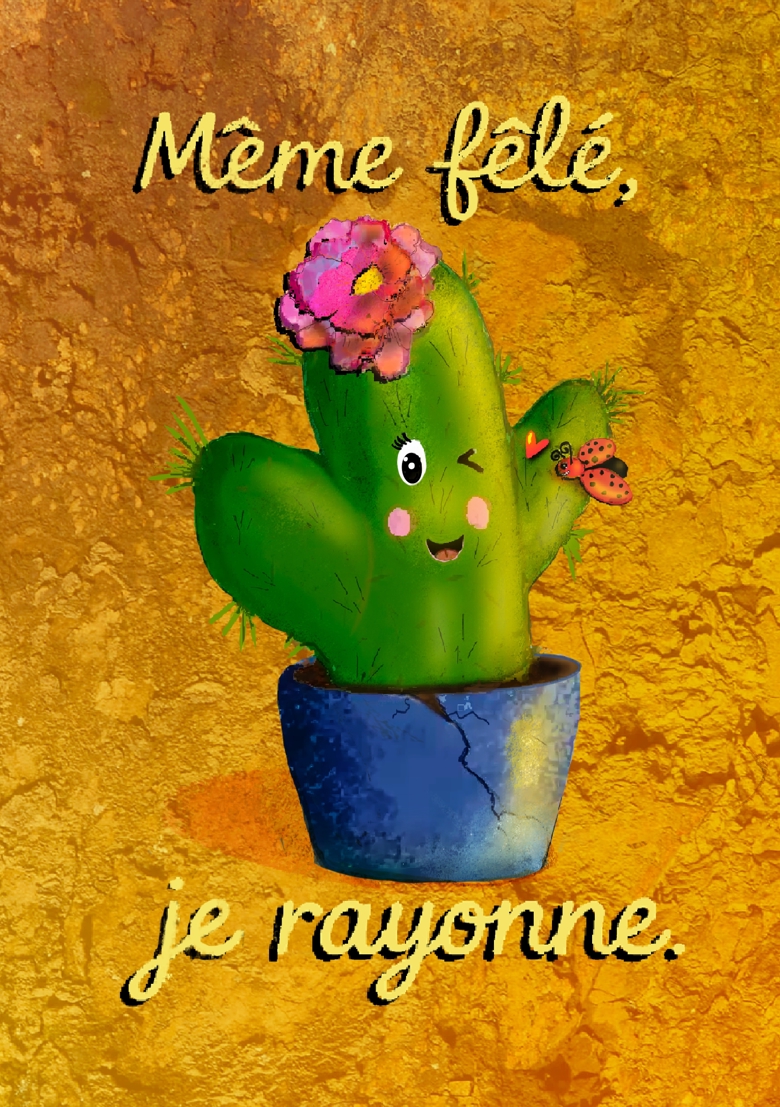 Cactus souriant dans un pot bleu fissuré, avec fleur et coccinelle
