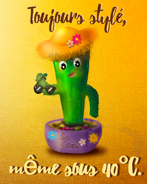 Cactus avec chapeau et lunettes de soleil dans un pot violet sous la chaleur