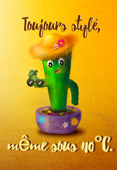 Cactus avec chapeau et lunettes de soleil dans un pot violet sous la chaleur
