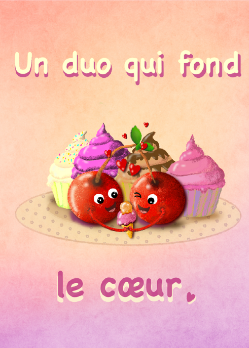 Deux petites fraises devant une coupe glacée, illustration Un duo qui fond le cœur