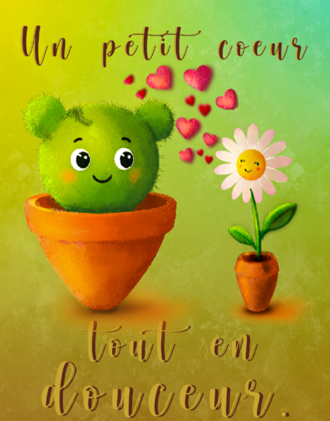 Petit cactus souriant dans un pot orange près d’une marguerite, avec des cœurs roses