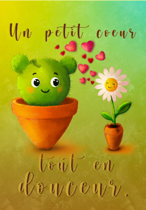 Petit cactus souriant dans un pot orange près d’une marguerite, avec des cœurs roses